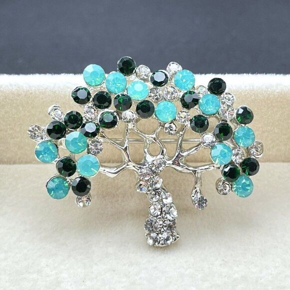 Silver with Green Opal Emerald and Diamond Crystal Blooming Tree Pin Back Brooch - Picture 7 of 9